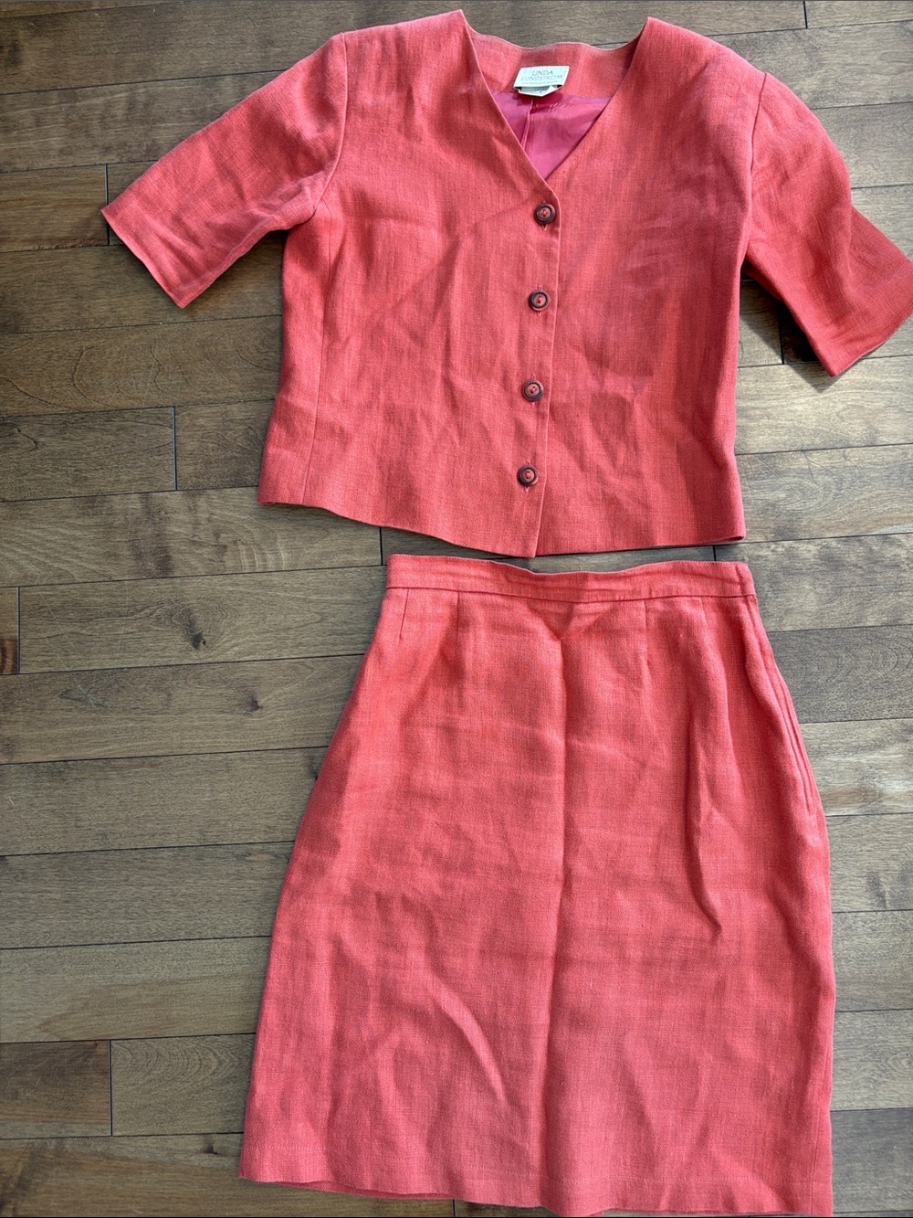 Linen Coral Short-Sleeve Two-Piece Skirt Set